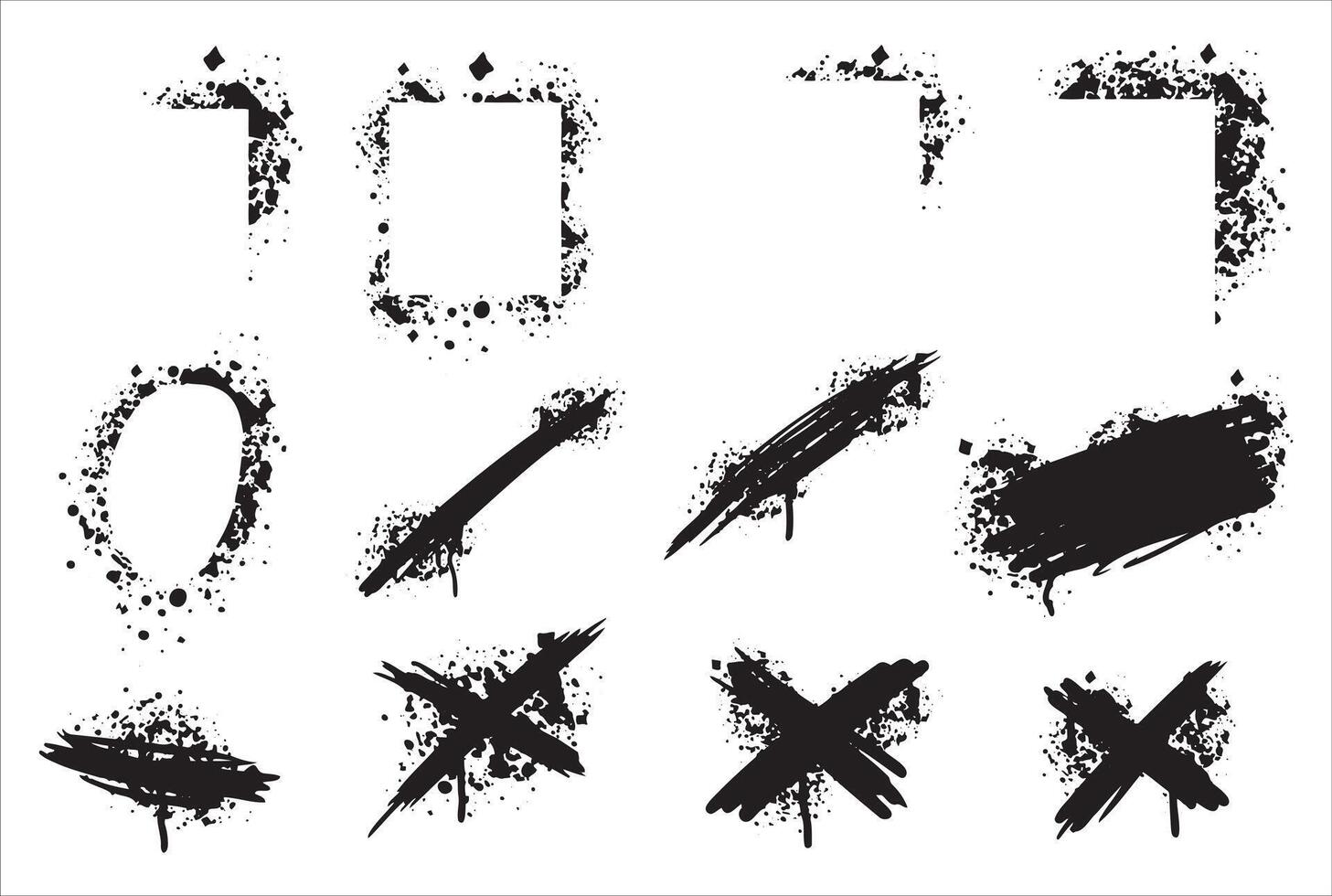 Graffiti spray print. Set of urban black splatter. Brush stain drop art. Abstract texture grungy element. Ink paint spot vector