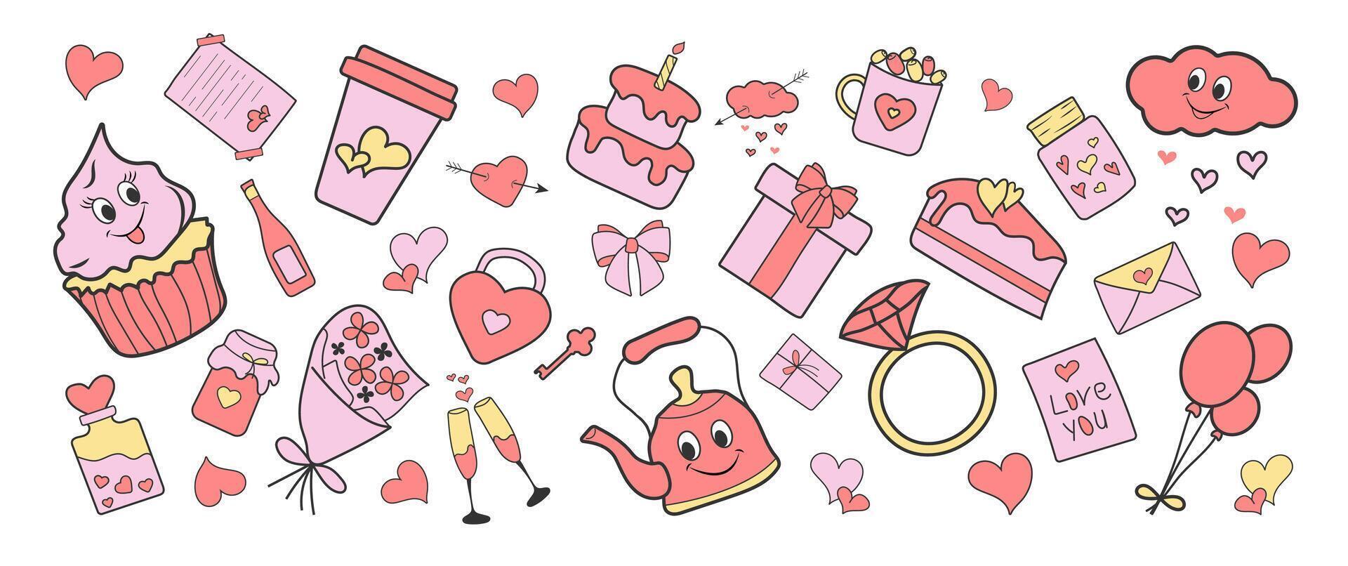 Y2K Valentine's Day Sticker Set. Trendy Retro Love Icons. Love post office. Many various romantic objects Isolated. Cute Collection Elements Illustration, Ring, Wineglass Heart, Envelope, Key. vector