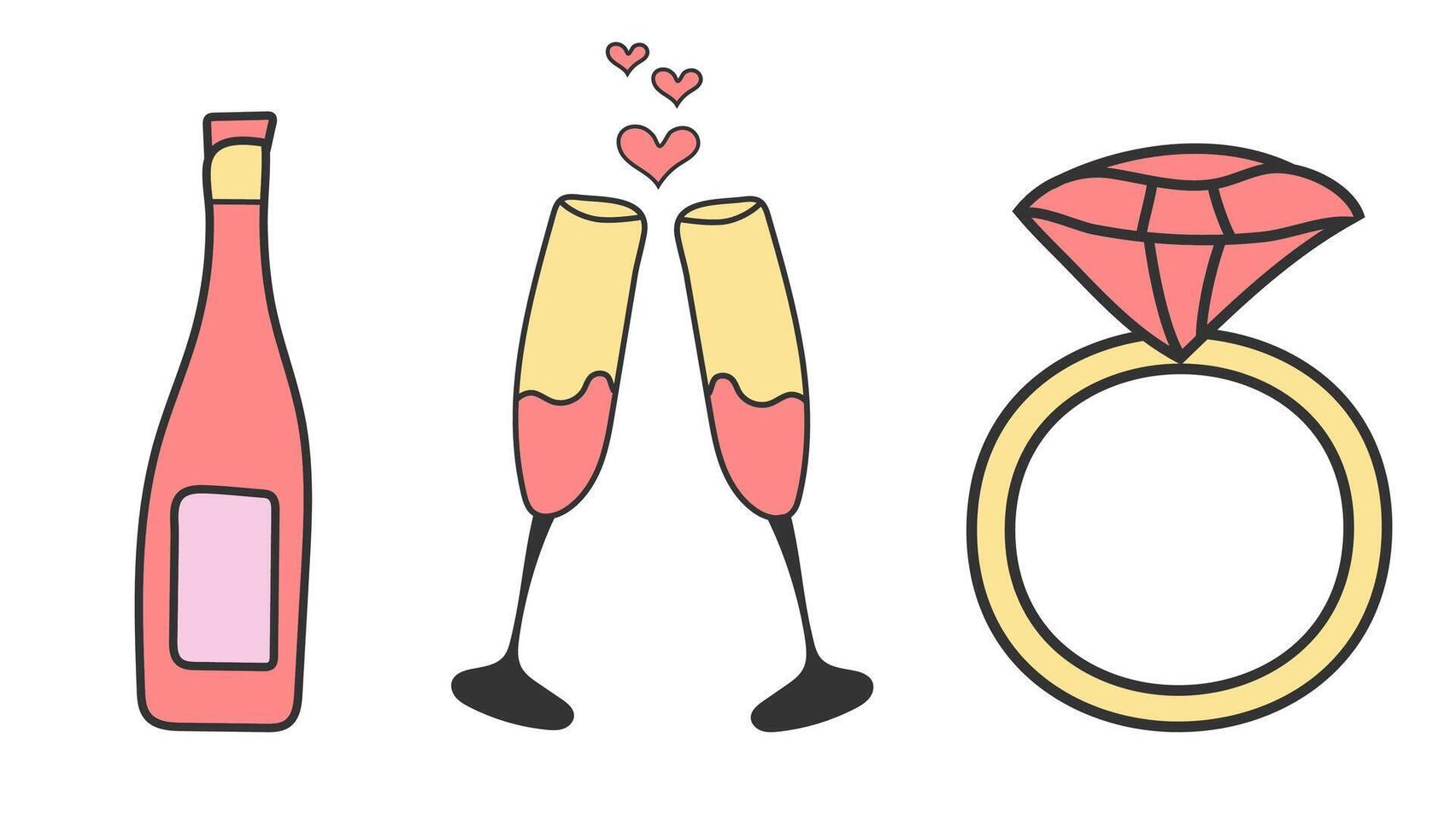 Happy Valentine's Day Sweet Sticker Set. Trendy Y2K Retro Love Icons. Love post office. Romantic objects Isolated. Cute Collection Elements Illustration, Bottle, Glasses, Ring. vector