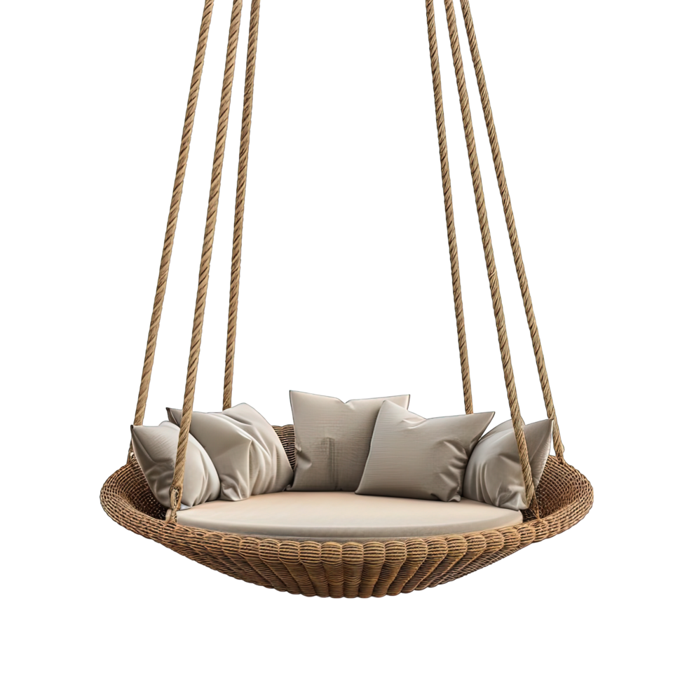 Elegant Rattan Patio Swing with Beige Cushions Perfect Outdoor Furniture png