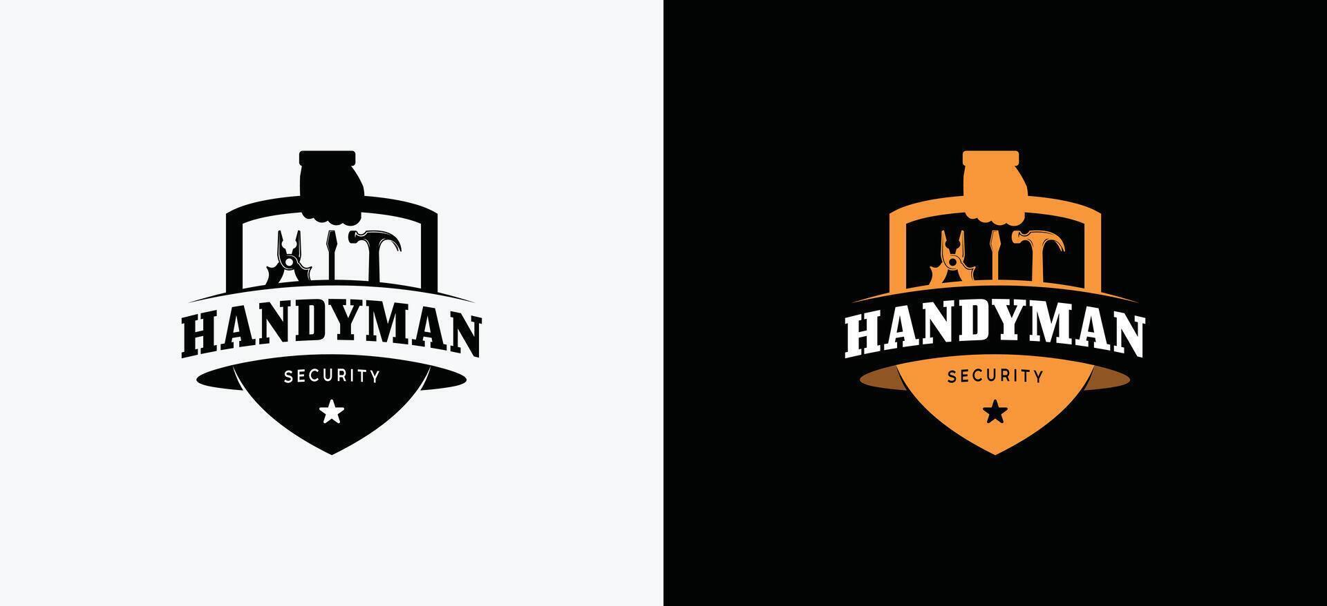 Handyman service logo design template, illustration of tool bag with shield symbol vector