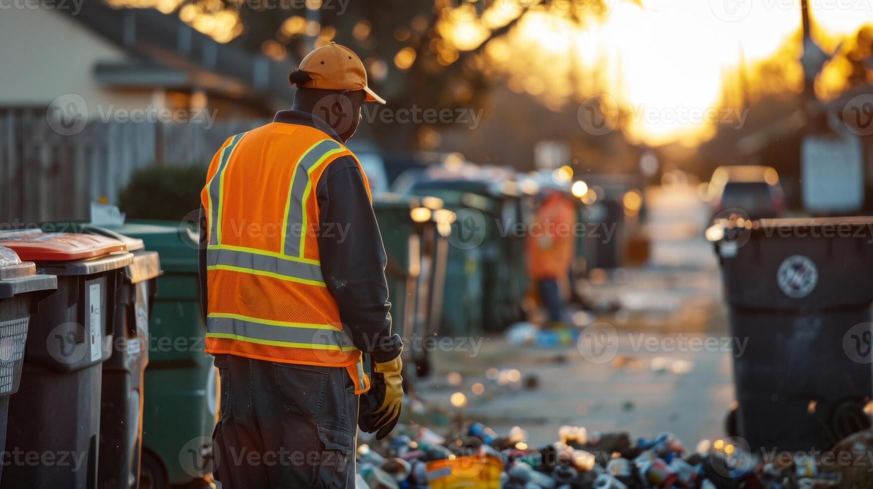 A worker in a reflective vest gathers litter in a residential area during sunset, surrounded by overflowing trash bins and scattered debris. photo