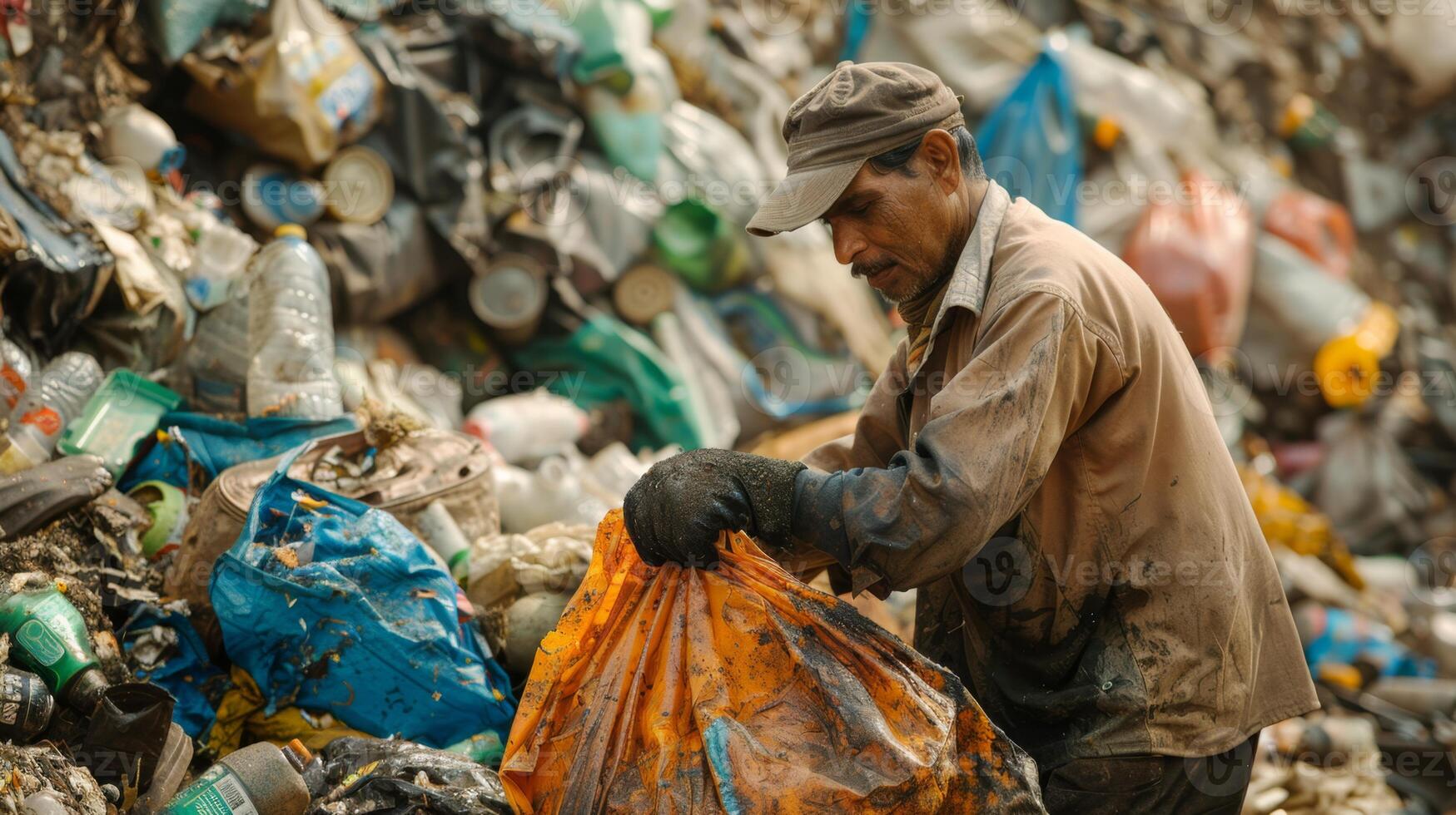 A worker is seen gathering plastic and other materials from a large accumulation of garbage in a landfill. photo