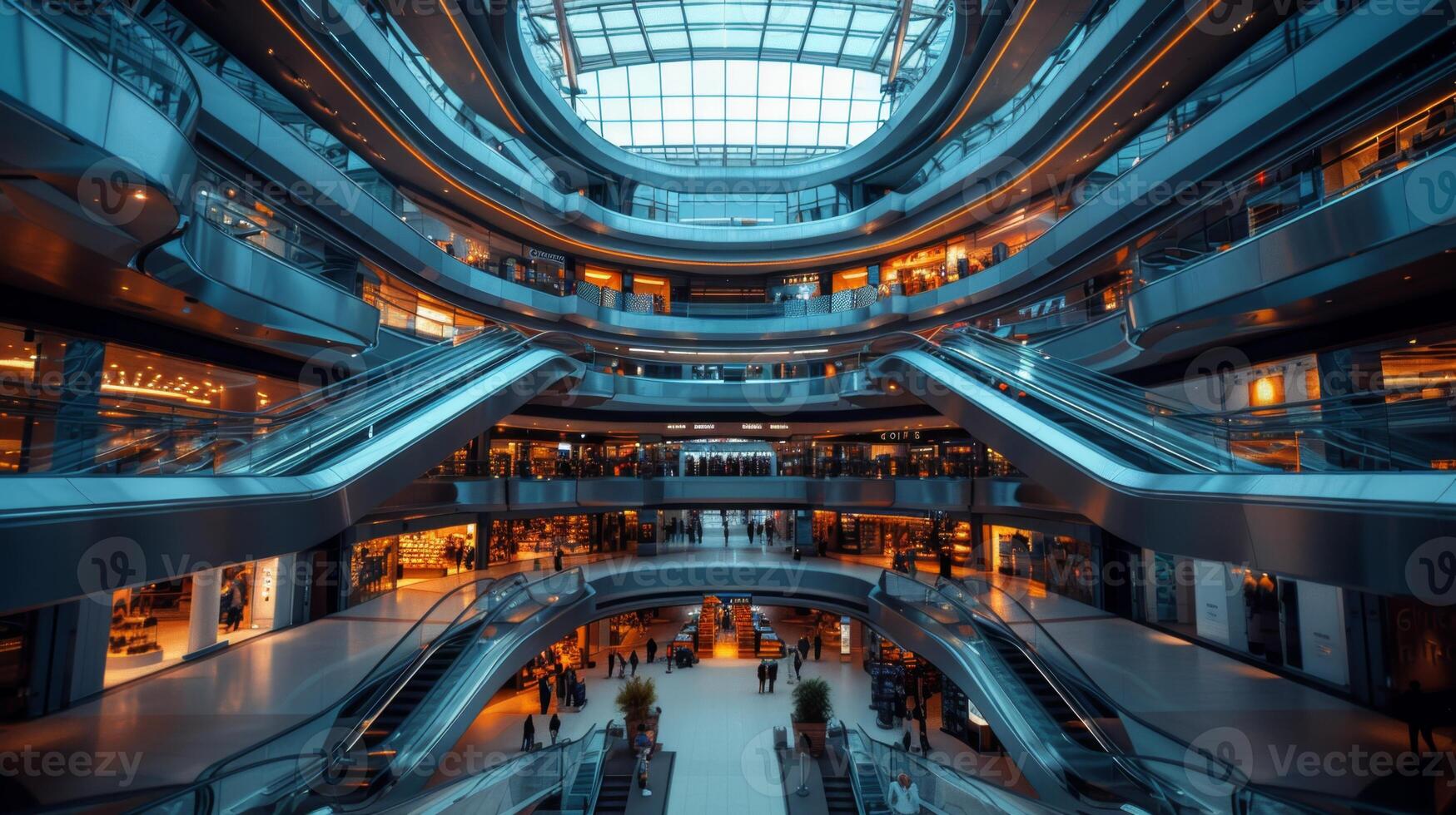 Multiple levels of a bustling shopping mall are filled with shoppers exploring various stores. Bright lights illuminate the space, creating an inviting atmosphere. photo