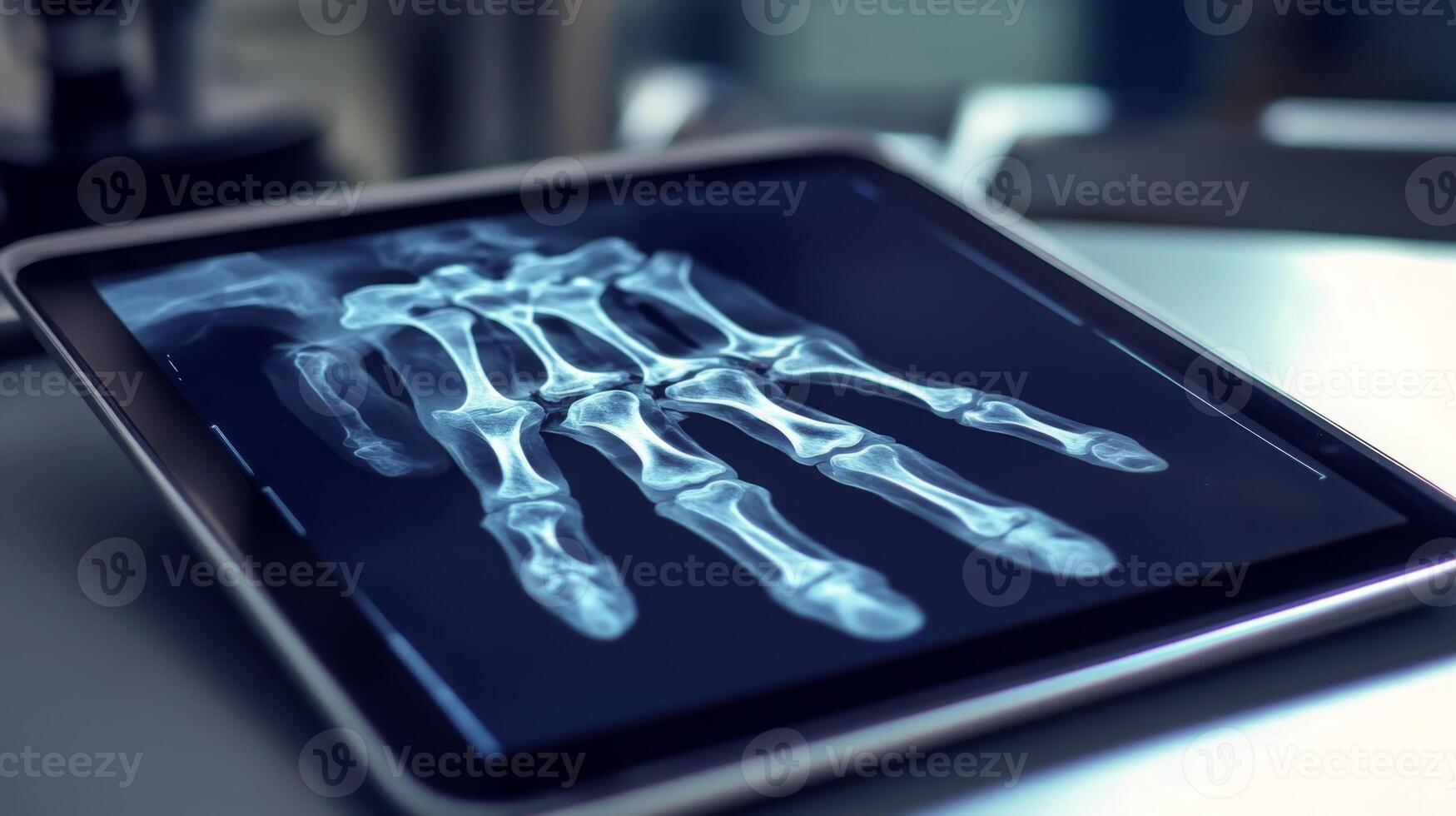 A high-resolution x-ray showing the bones of a human hand is displayed on a tablet. This advanced technology illustrates the clarity of medical imaging in a healthcare environment. photo