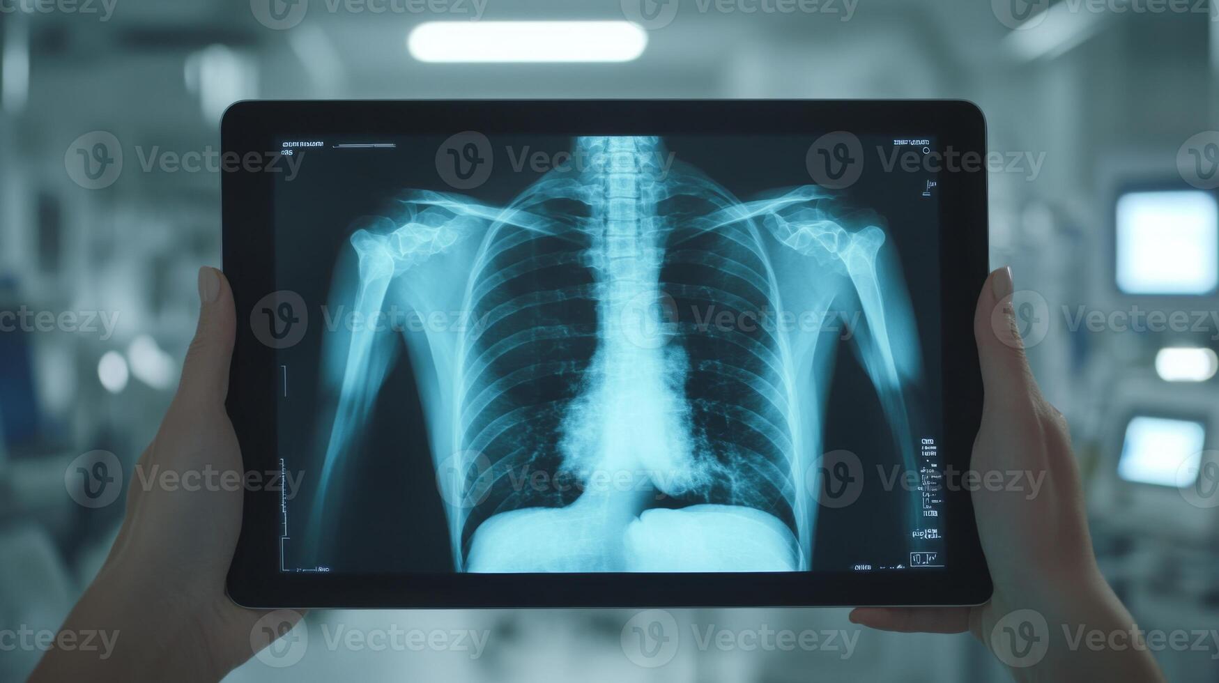 A medical professional holds a tablet displaying a chest x-ray in a clinical setting. The x-ray shows detailed imagery of the lungs and shoulders, highlighting areas of interest for further analysis. photo