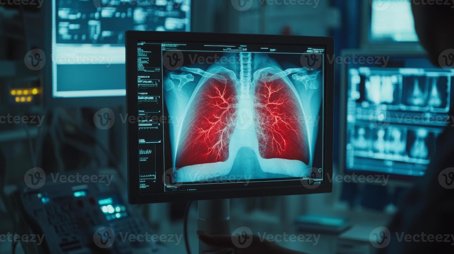 A medical professional examines a digital lung x-ray on a monitor. The bright red vascular structure highlights blood flow, revealing critical information for diagnosis in a healthcare environment. photo