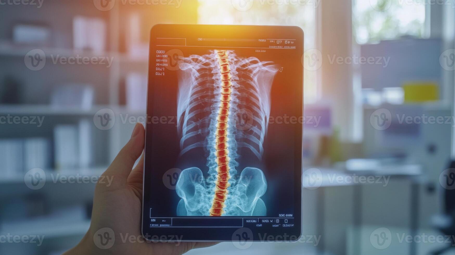 A hand holds a tablet displaying a detailed x-ray of the human spine in a medical setting. photo