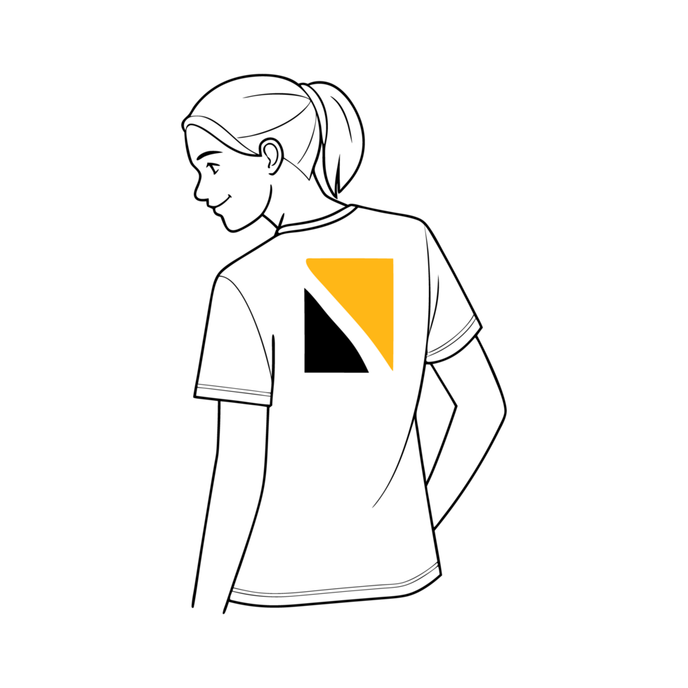 Woman wearing a white t-shirt with a stylish yellow and black logo design. png