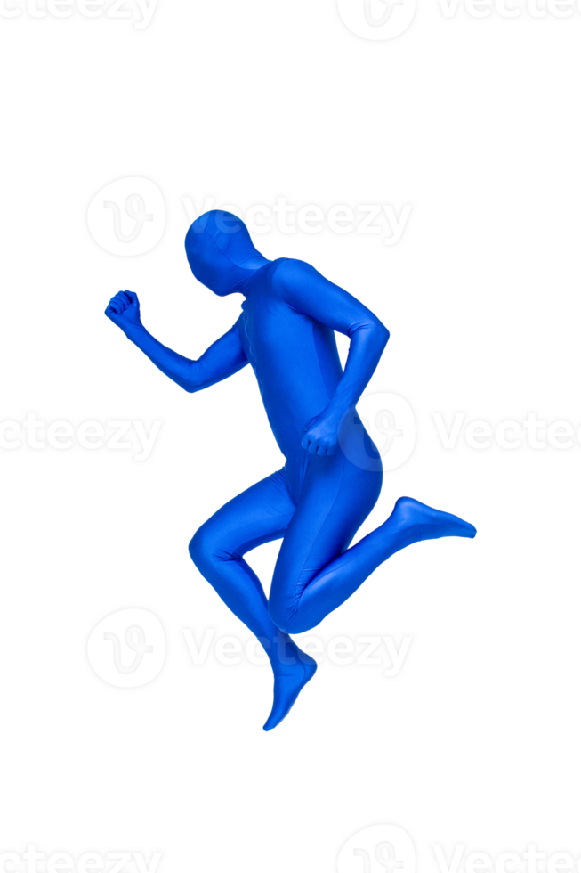 Mysterious blue man in costume jumpping png