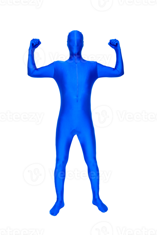 Blue man cheers with hands raised png