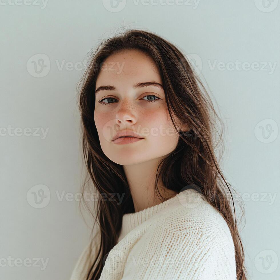 woman long hair in a white sweater on a white background photo