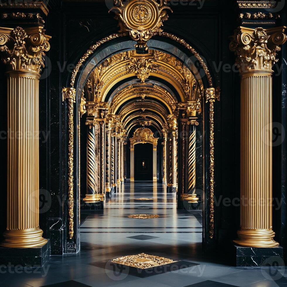 A hallway with gold and black columns photo