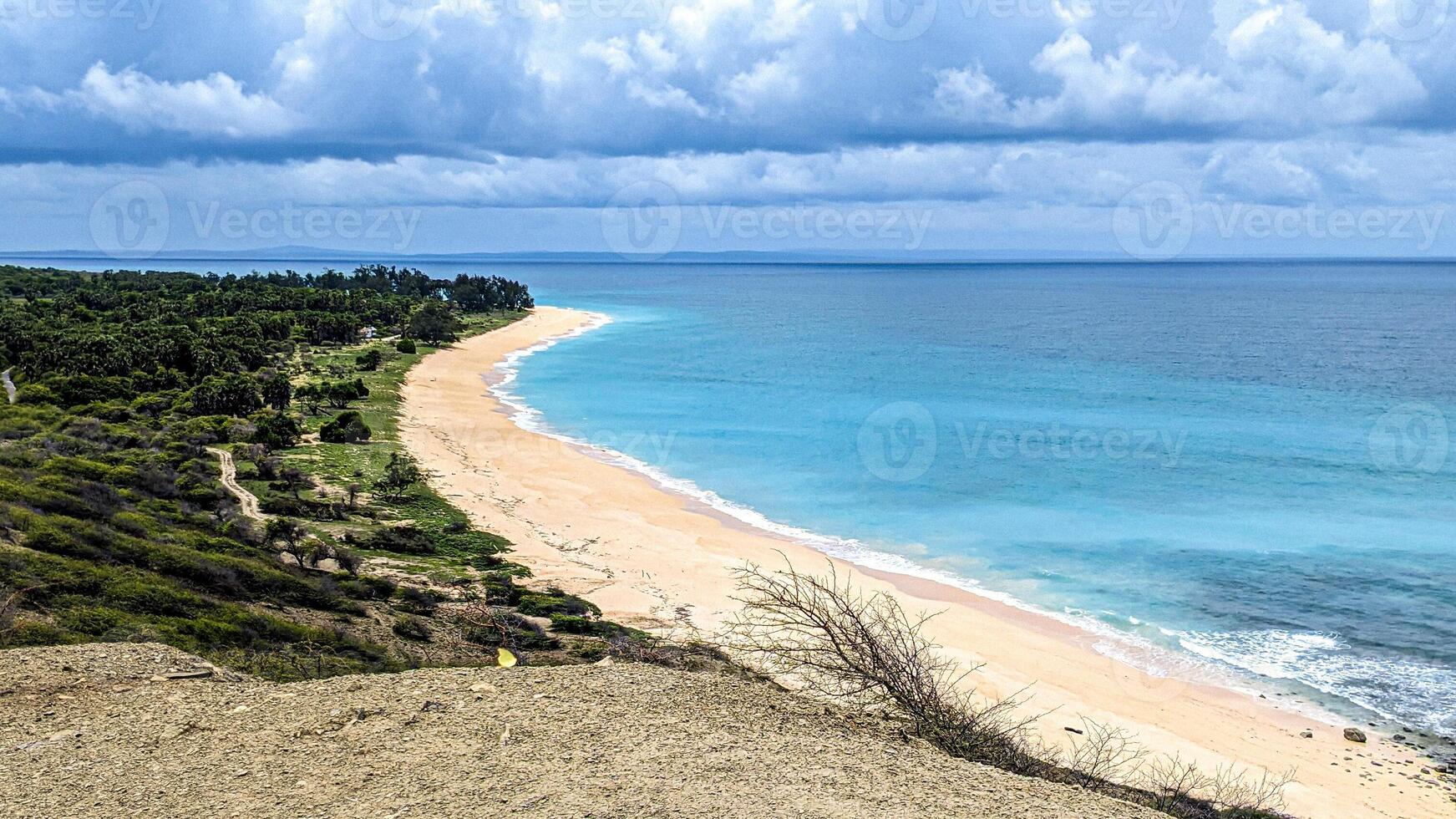 A view of a white sand beach surrounded by vast coconut trees and adorned with clouds in the midday sky, seen from the top of Liman Hill photo