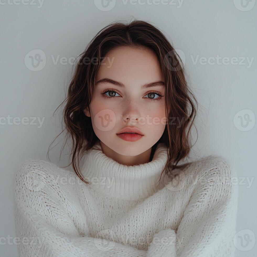 woman in a white sweater on a grey background photo