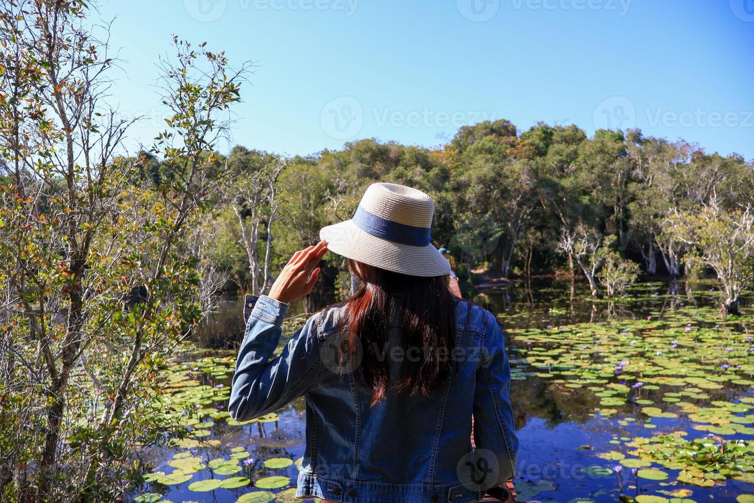 Asian woman tourist wearing a jeans shirt stands with her back turned and facing forward to take a photo with a lotus pond in a botanical garden, a tourist attraction in Rayong Province, Thailand.