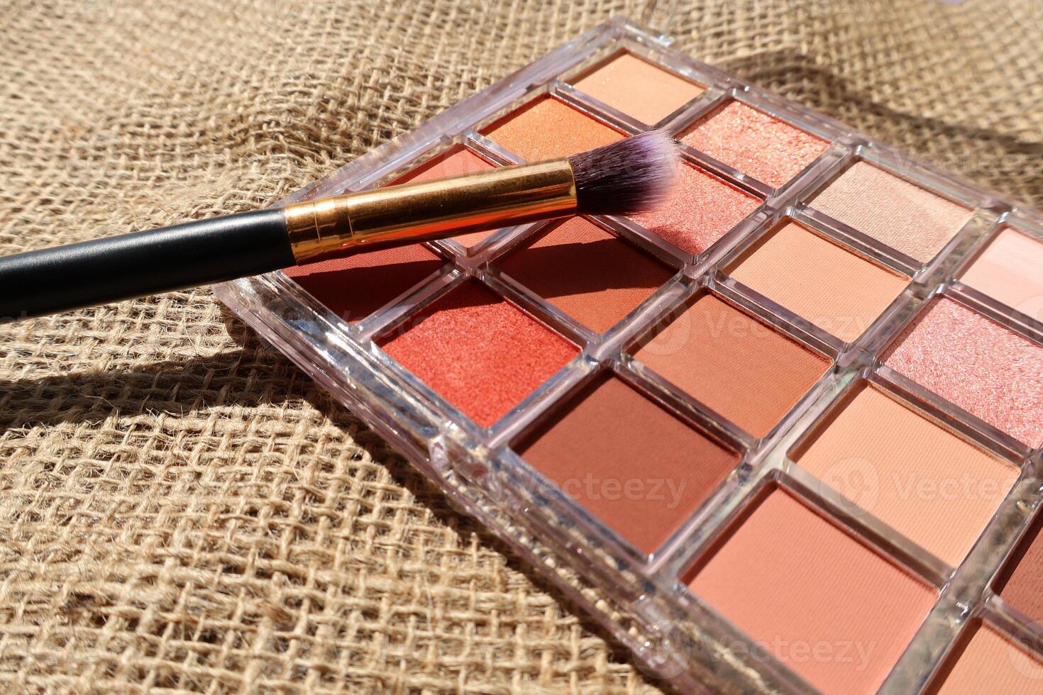 Colorful eyeshadow palette and brush on brown fabric background, side view closeup photo