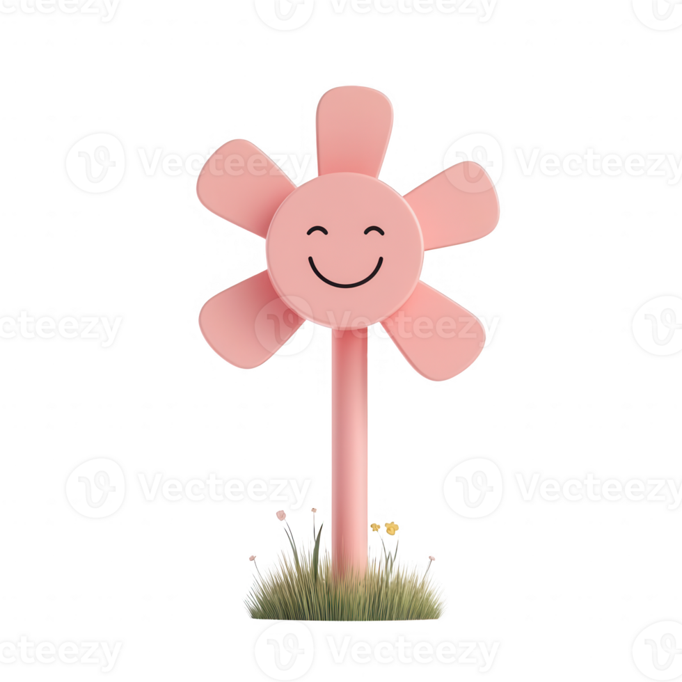 A cheerful pink flower with a smiling face, surrounded by green grass. png