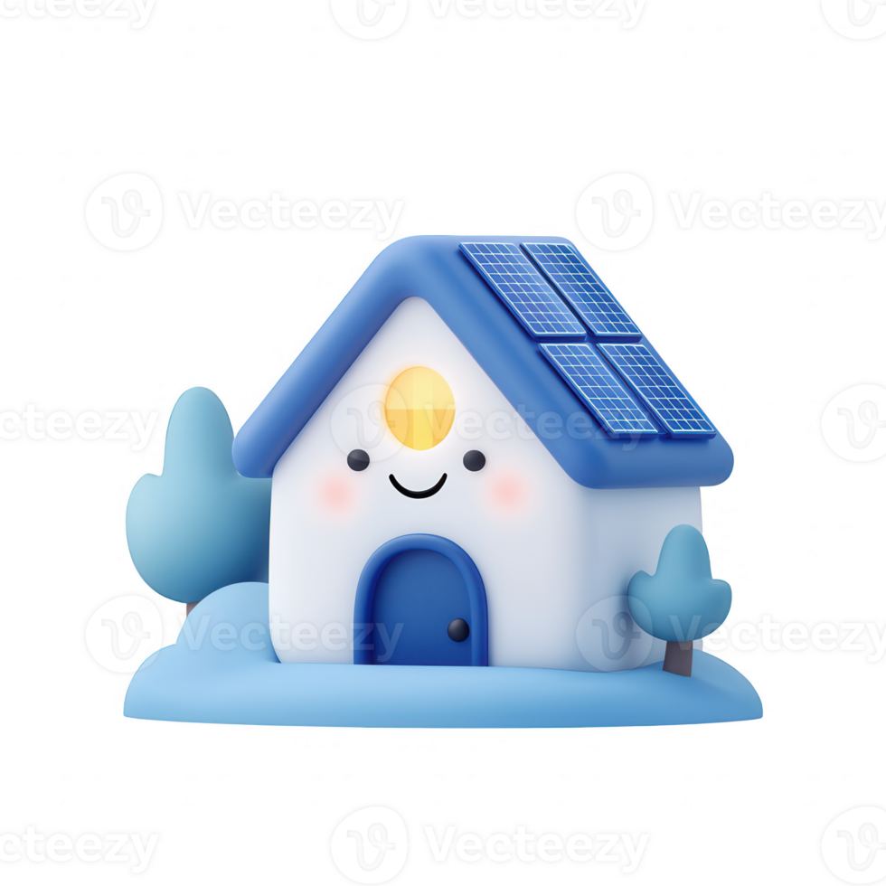 A cheerful, cartoon-style house with solar panels surrounded by trees and clouds. png