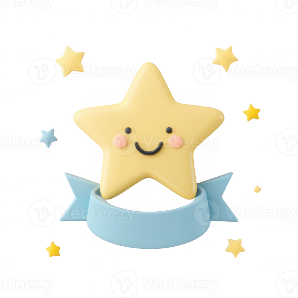 A cheerful, smiling star character with a blue ribbon and decorative stars around it. png