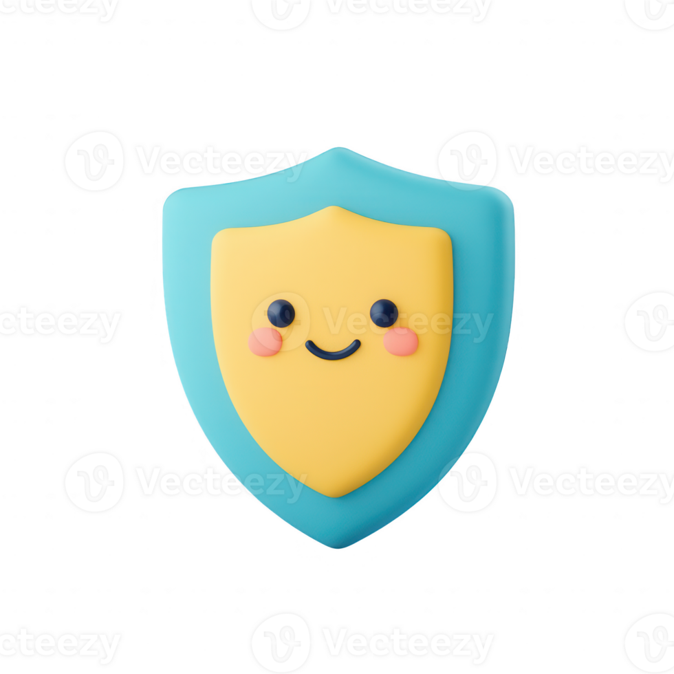 A cheerful cartoon shield icon, representing security and protection in a playful style. png