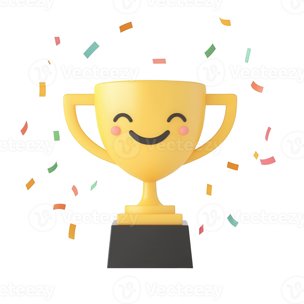 A cheerful trophy surrounded by colorful confetti celebrating success and achievement. png