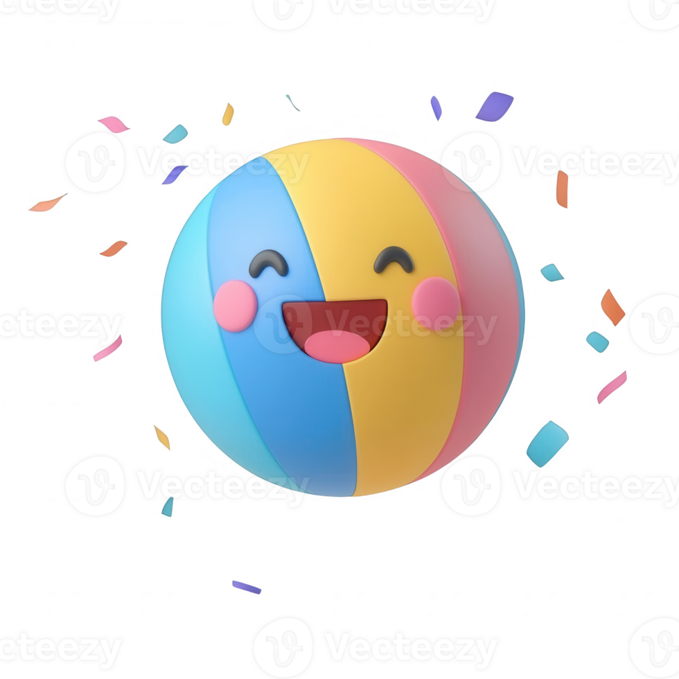 A colorful beach ball with a smiling face surrounded by playful confetti. png