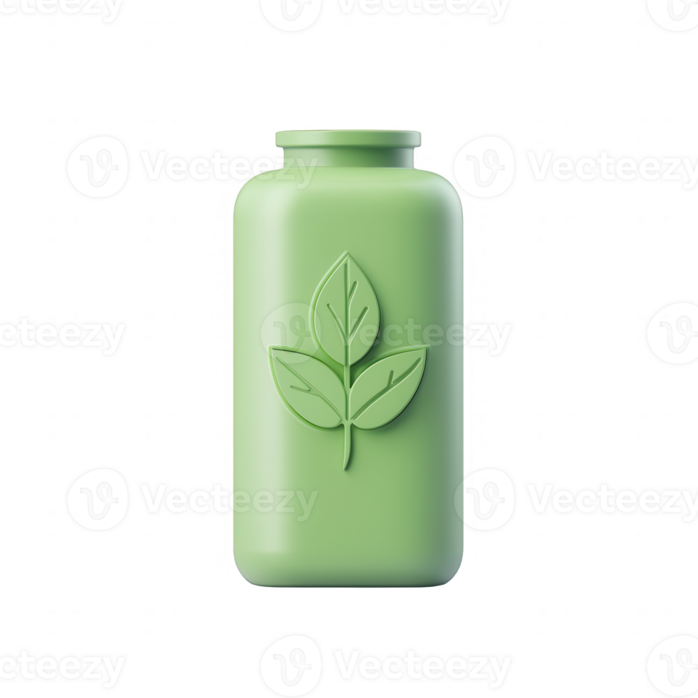 A green bottle with a leaf design, perfect for eco-friendly packaging. png