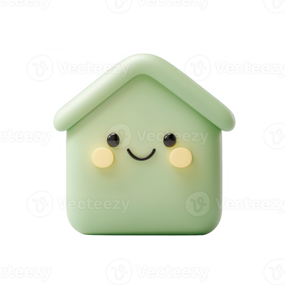 A cute, smiling green house figurine representing joy and comfort in home. png