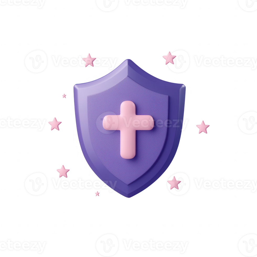 A stylized purple shield with a pink cross and stars, symbolizing faith and protection. png
