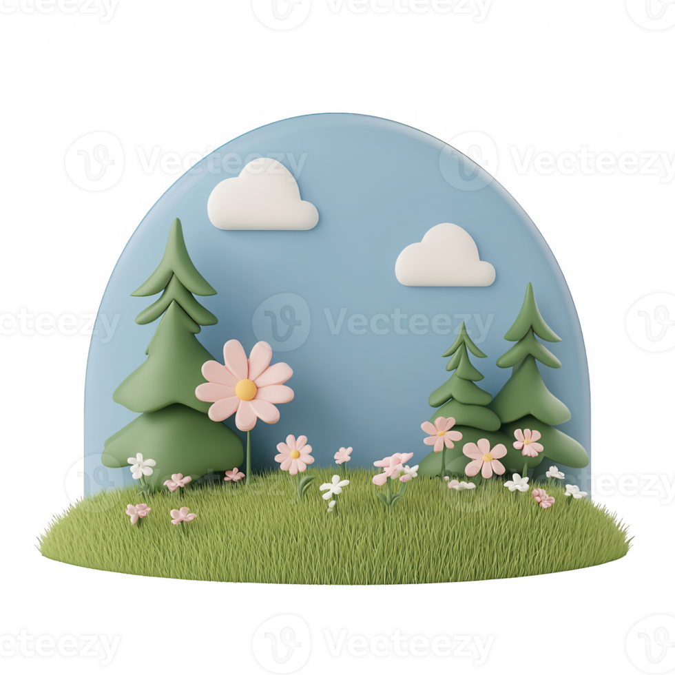A vibrant scene with flowers and trees against a blue sky, symbolizing nature's beauty. png