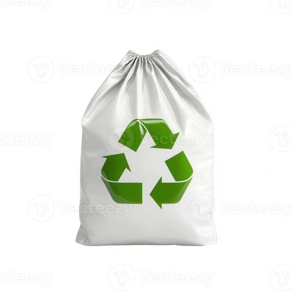 A white bag with a green recycling symbol promoting eco-friendly practices. png