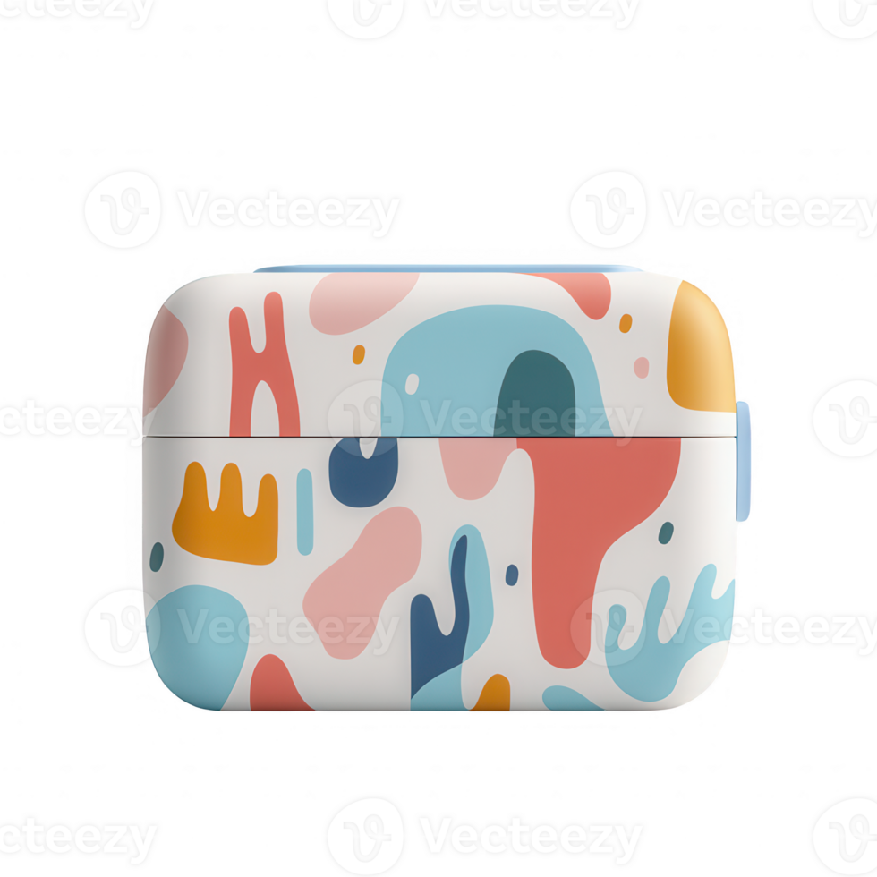 Colorful wireless earphone case with abstract design for modern tech enthusiasts. png