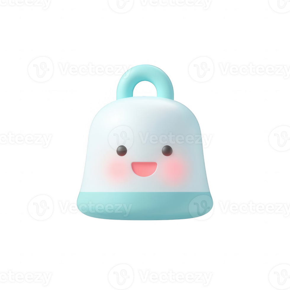 Cute smiling bell icon with a light blue design, perfect for playful visuals. png