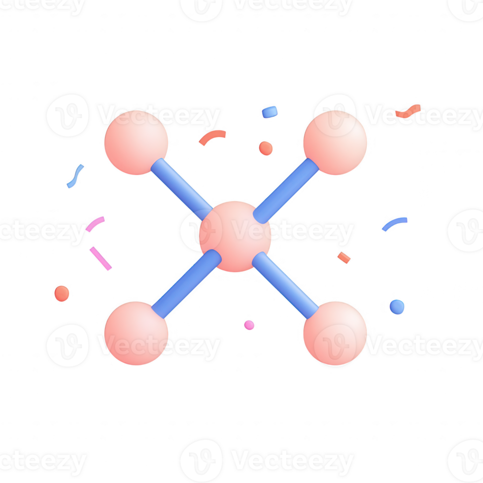 Stylized molecular structure illustration with colorful elements surrounding it. png