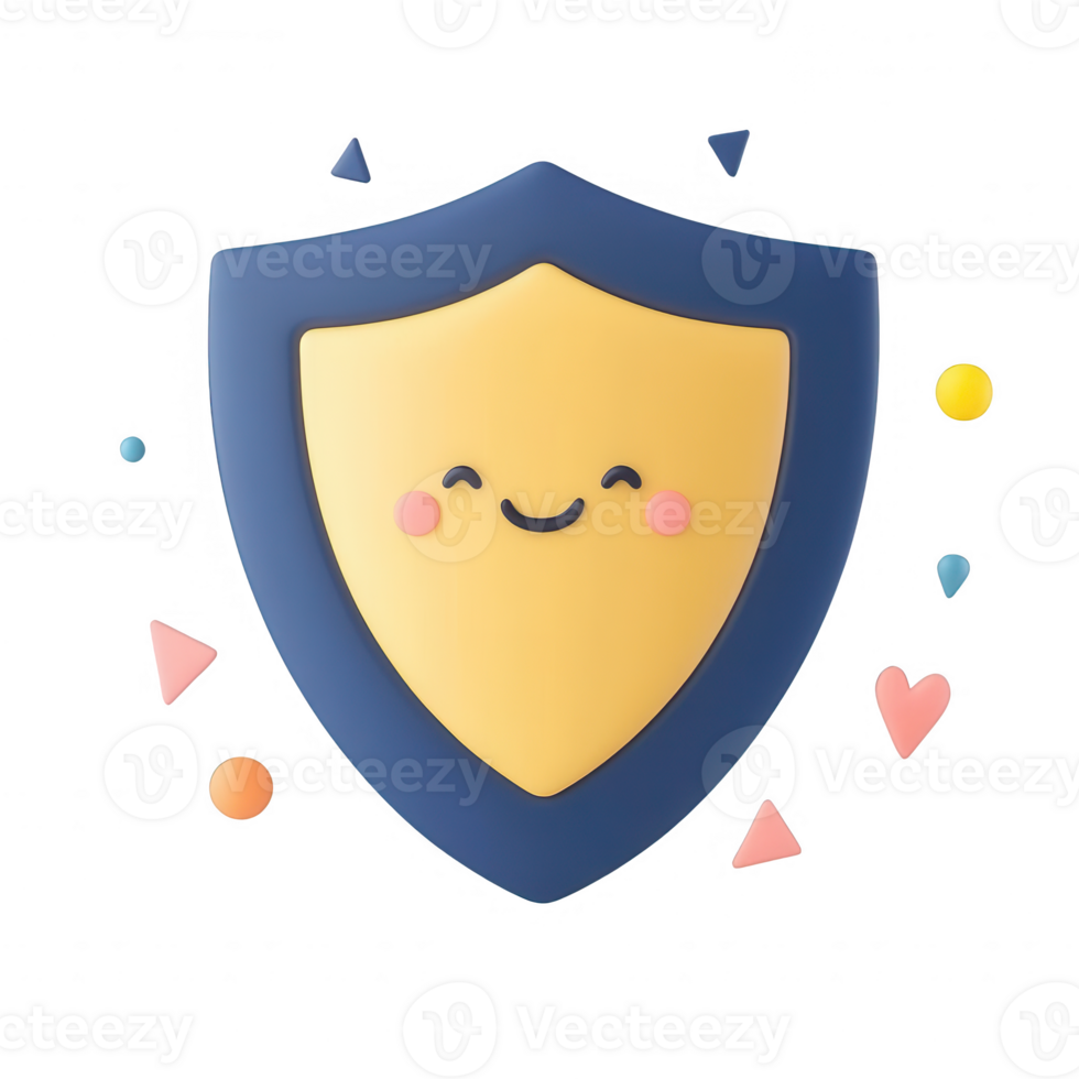 A cheerful shield icon with a happy face and colorful geometric shapes around it. png