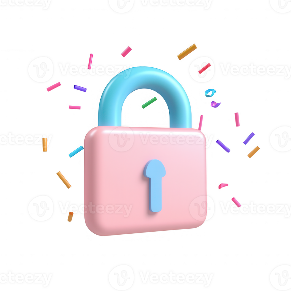 Colorful 3D lock symbolizing security and protection in digital spaces. png