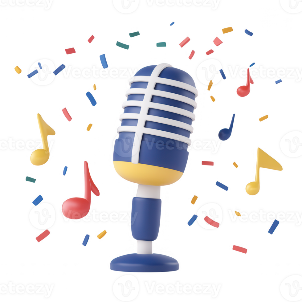 Colorful microphone surrounded by musical notes and confetti, perfect for music lovers. png