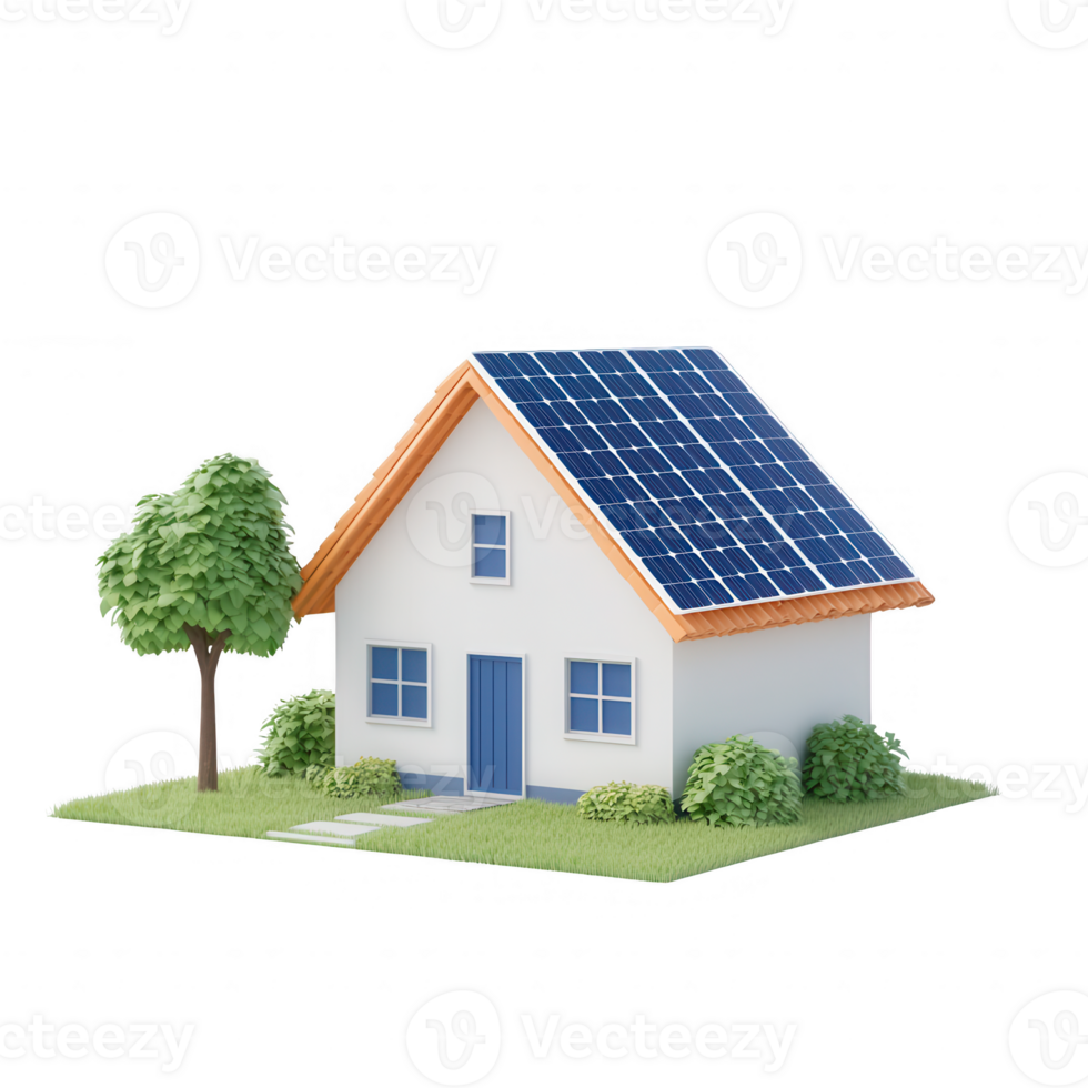 Eco-friendly house with solar panels surrounded by greenery and blue sky. png