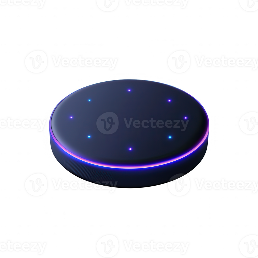 Futuristic smart speaker with LED lights for voice interaction and control. png