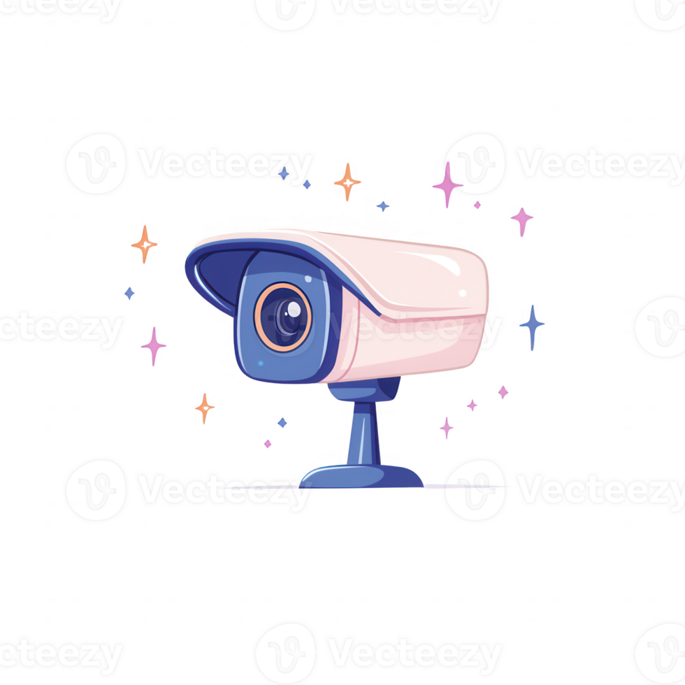 Illustration of a cartoon security camera with sparkles, symbolizing surveillance. png
