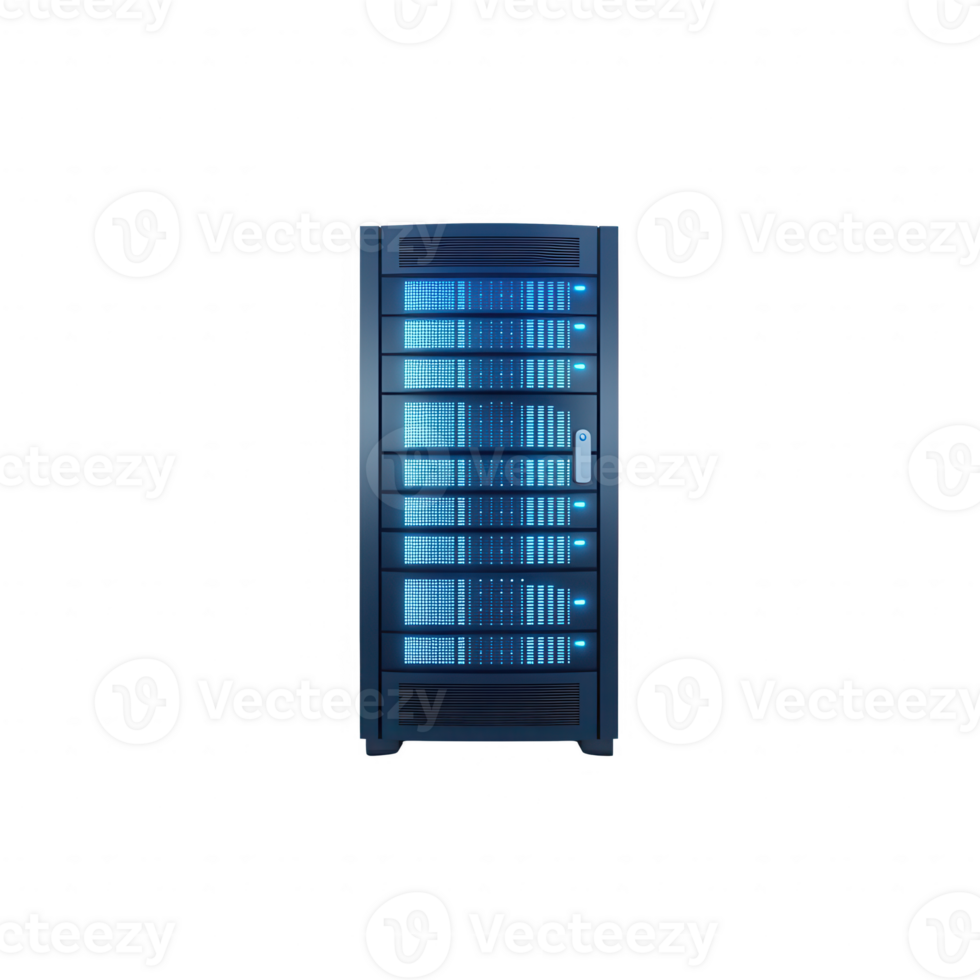 Modern server rack with blue lighting for data center efficiency and reliability. png