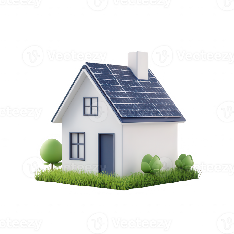 Modern house with solar panels and green surroundings, showcasing sustainable living. png
