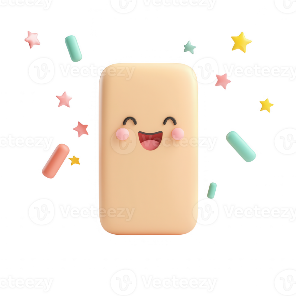 A cheerful cartoon character with a smiling face and colorful decorations. png