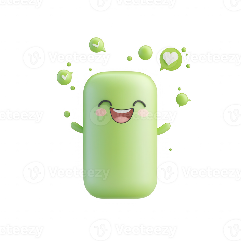 A cheerful green character with expressive bubbles of joy surrounding it. png