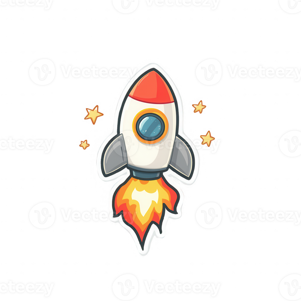 A colorful cartoon rocket with flames, symbolizing innovation and exploration. png
