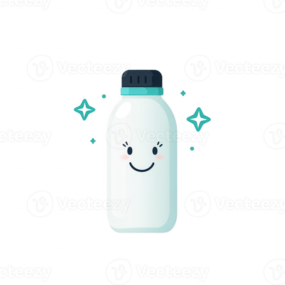 A cute cartoon milk bottle with a smiling face and sparkling accents, perfect for children. png