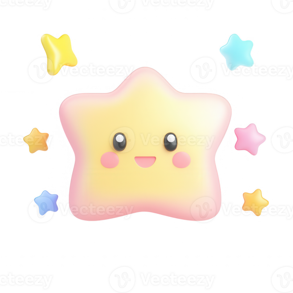 A cute cartoon star character surrounded by colorful stars with a joyful expression. png