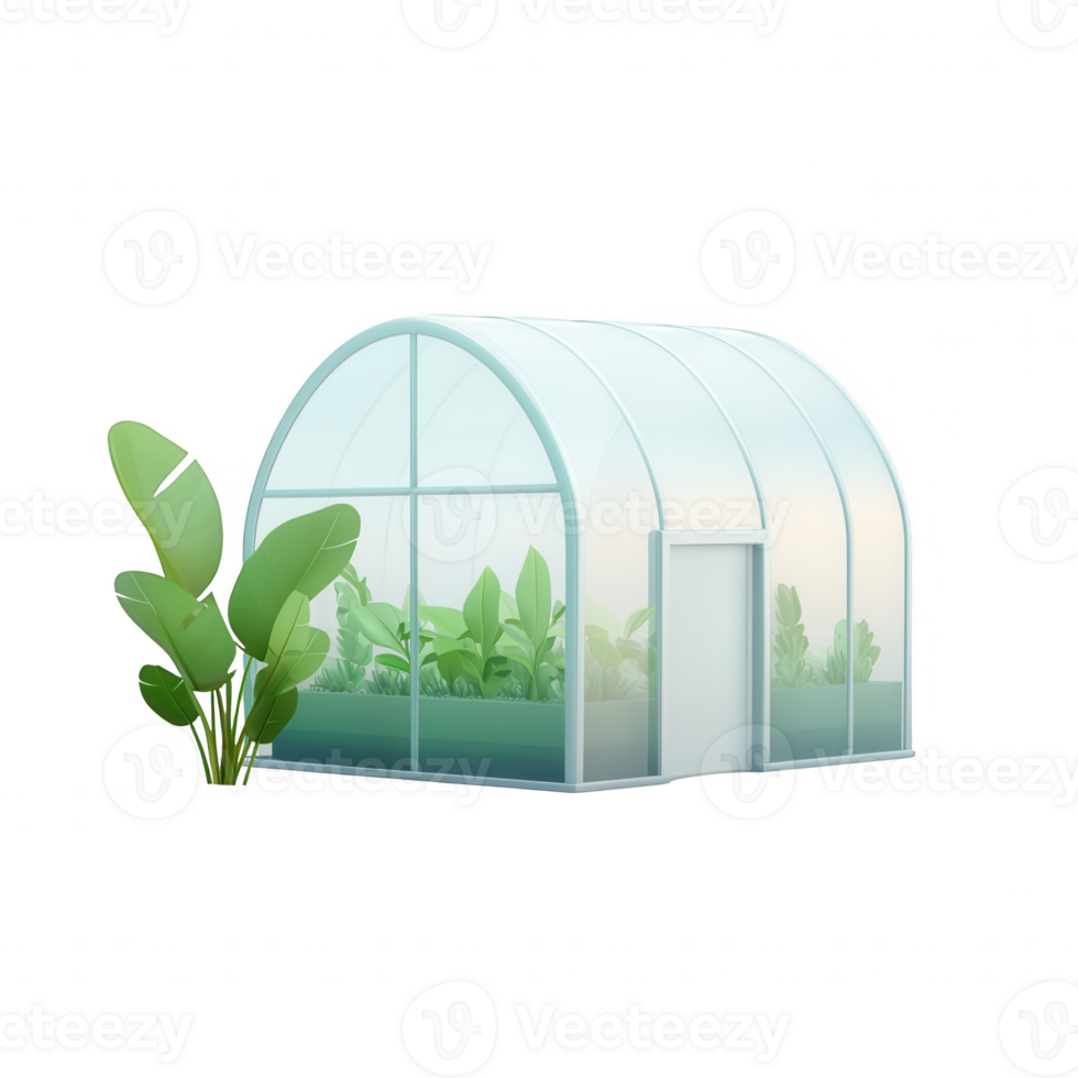 A modern greenhouse with vibrant plants, showcasing a sustainable gardening approach. png