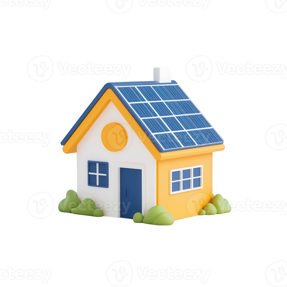 A modern house design with solar panels and vibrant colors, symbolizing sustainability. png